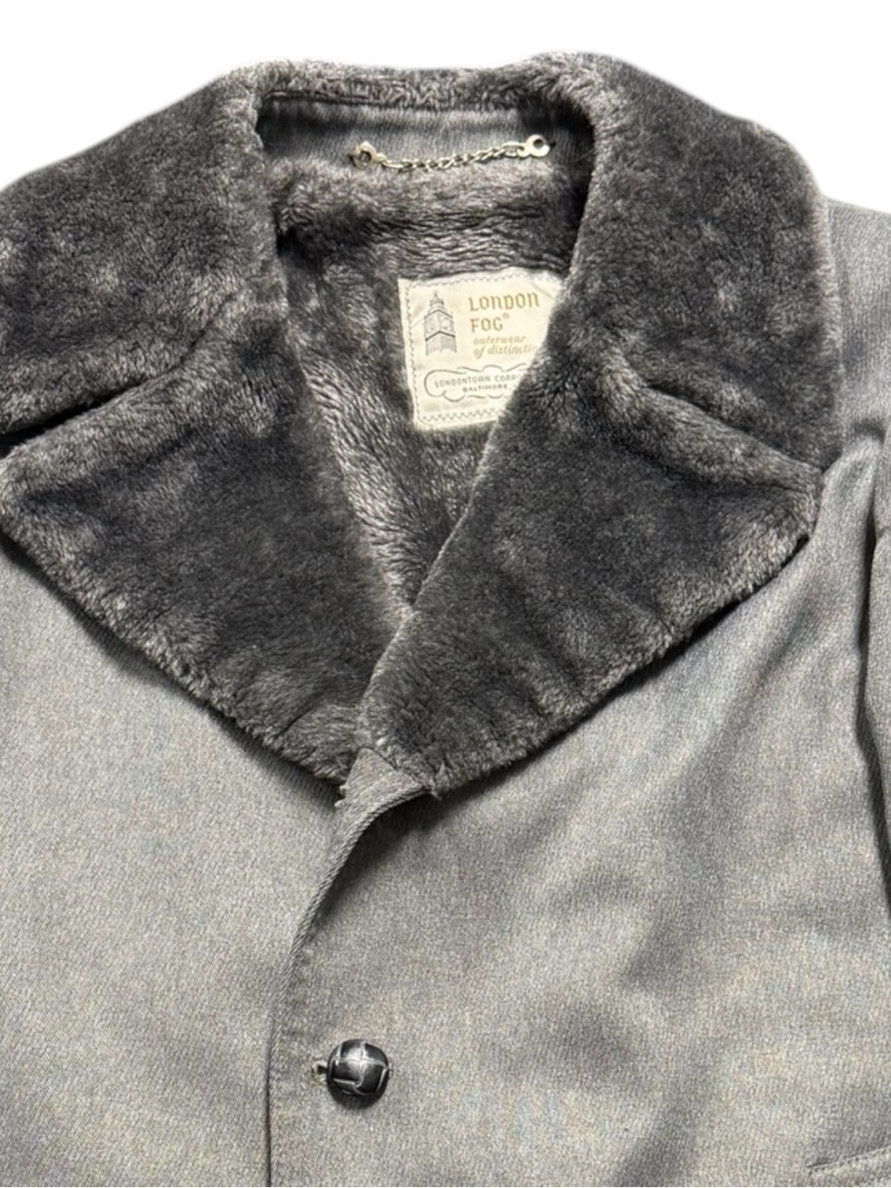 Vintage London Fog Gray Faux Fur Lined Overcoat Mens 40R Mid Century Coat